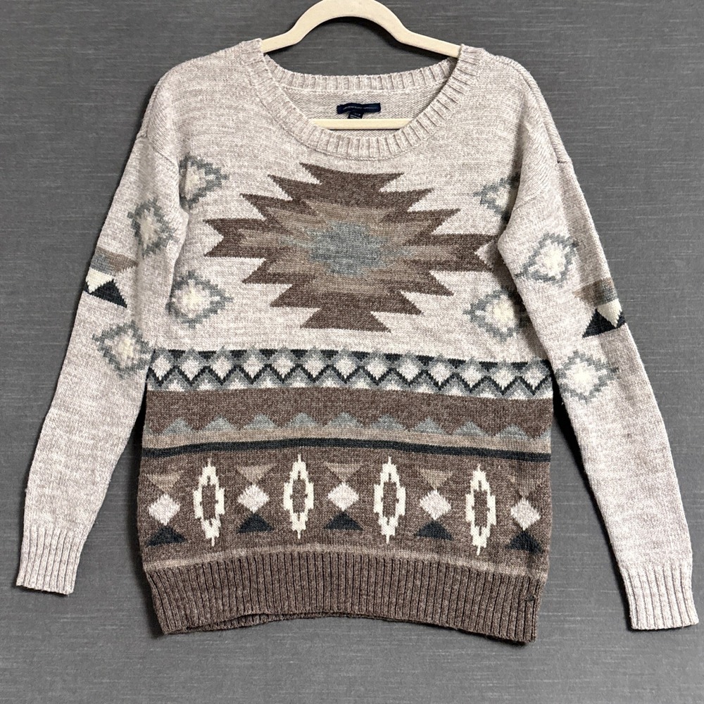 American Eagle Sweater XS Brown Southwestern Wool Blend Aztec Boho Fall Winter